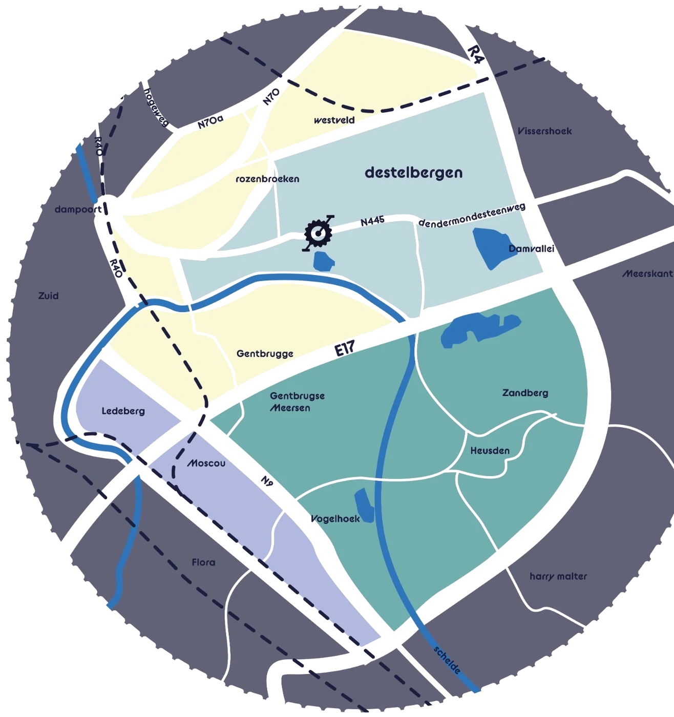 Kaart van het werkgebied van Velodest. De gekleurde vlakken komen overeen met de zones hierboven.